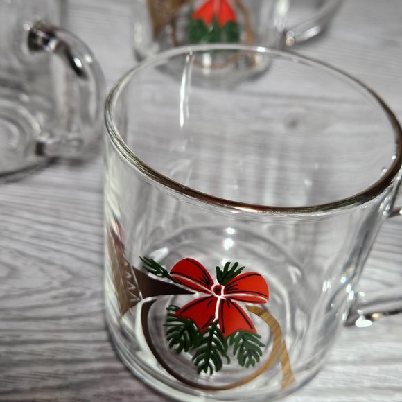 Set of 4 Clear horn pine red bow gold accent glass christmas mugs - Picture 5 of 7